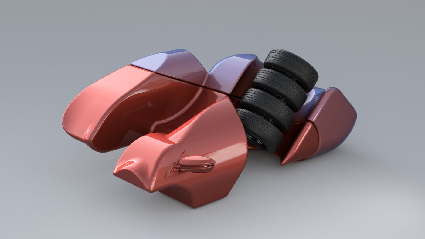 AUVOT study: red and violet body split open, a stack of tyres in its middle