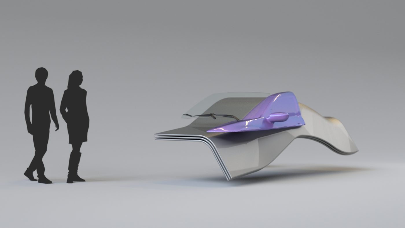 AUVOT study: silver wave slab with a violet fender, human figures for scale