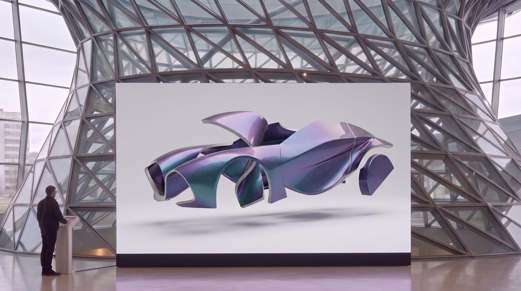 Visualisation: a frameless, seamless six-metre P2 LED wall on a slim black base stands centred in front of the steel-and-glass lattice of the BMW Welt double cone, showing an abstract sculpture of hovering car-surface fragments in iridescent violet-to-teal paint; a visitor types at a pillar to the left